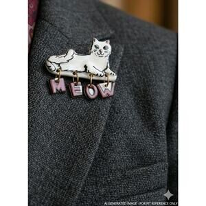 Carol Edlund Signed Vintage Ceramic White Cat Brooch MEOW Dangle Letter Art Pin